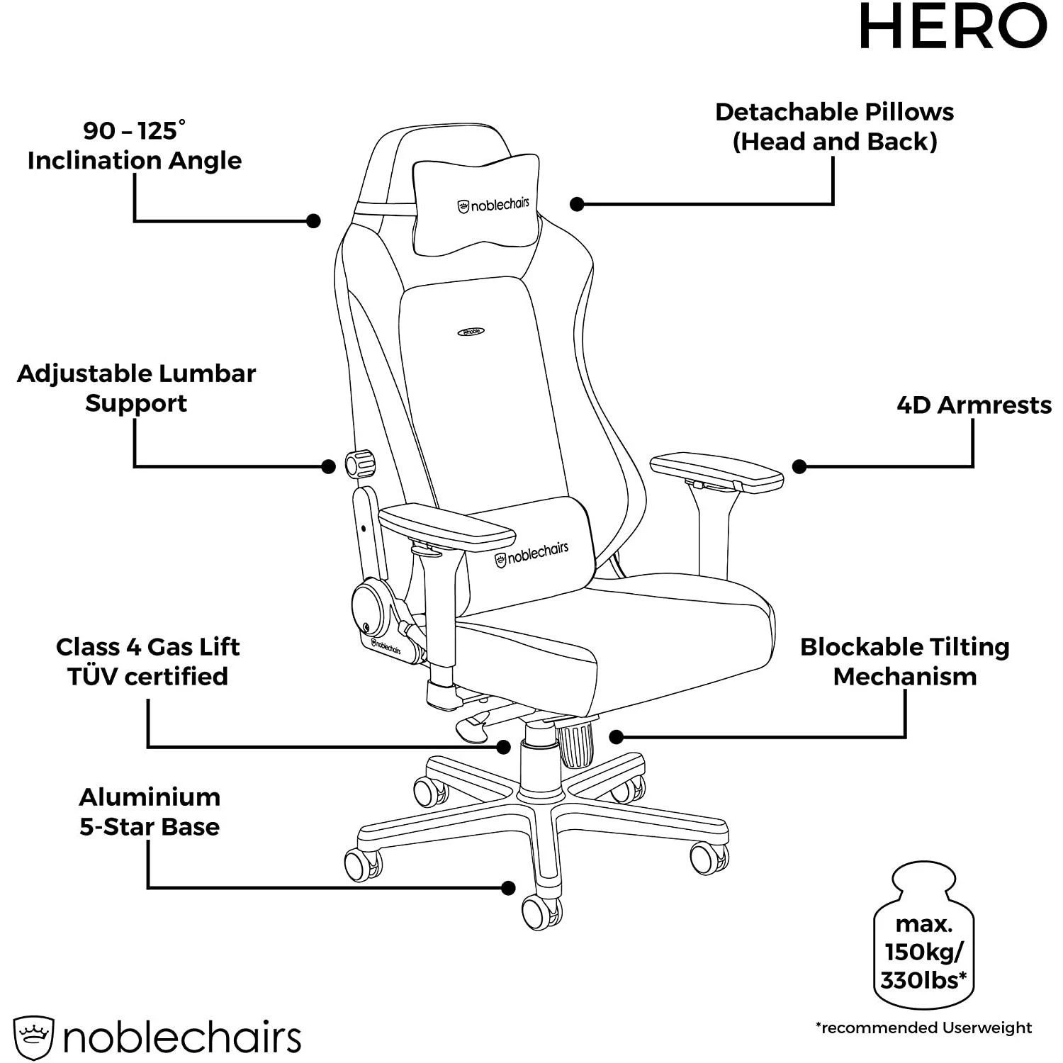Žaidimų kėdė Noblechairs HERO PU-Leather Gaming Chair, Juoda-auksinė