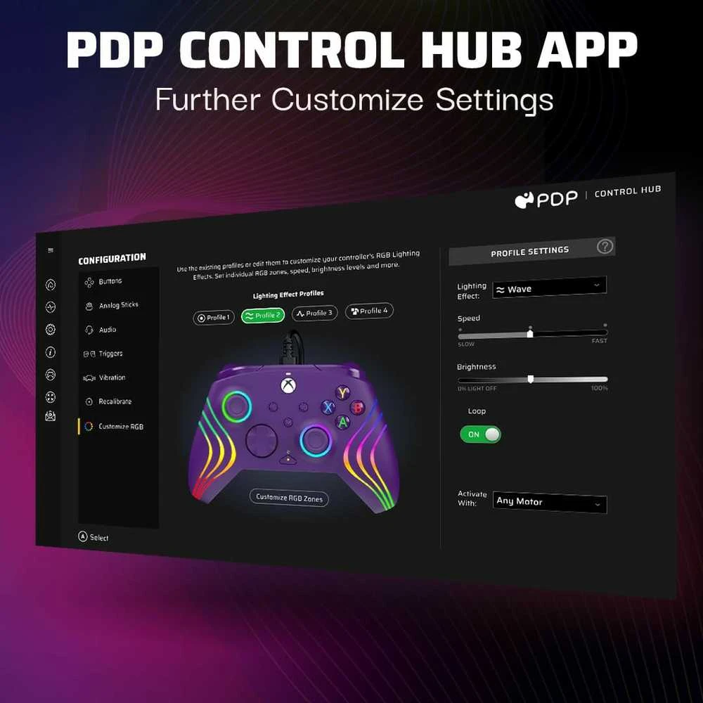 PDP Afterglow Wave Violetinės spalvos laidinis valdiklis skirtas XBOX Serijos X S & PC