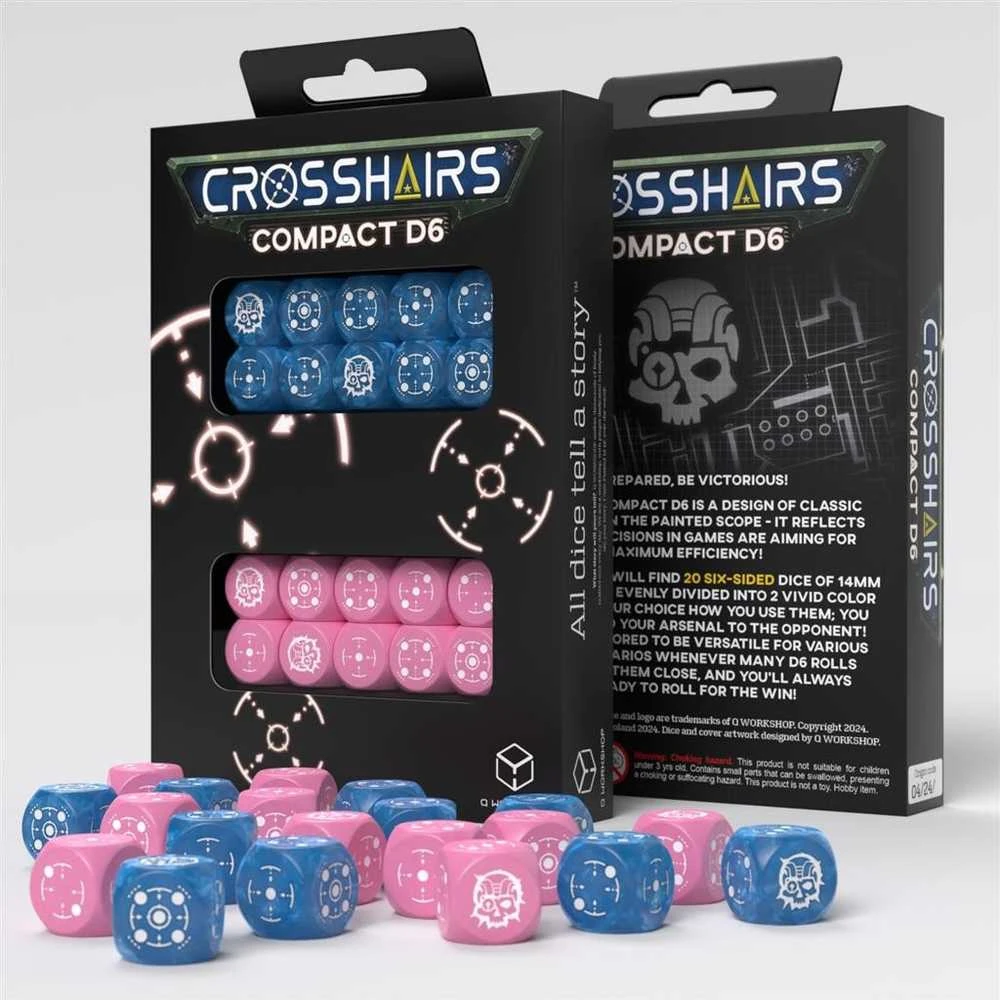 Q Workshop Crosshairs Compact D6 Rpg Kauliukų Rinkinys (Mėlynos Ir Rožinės Sp.)