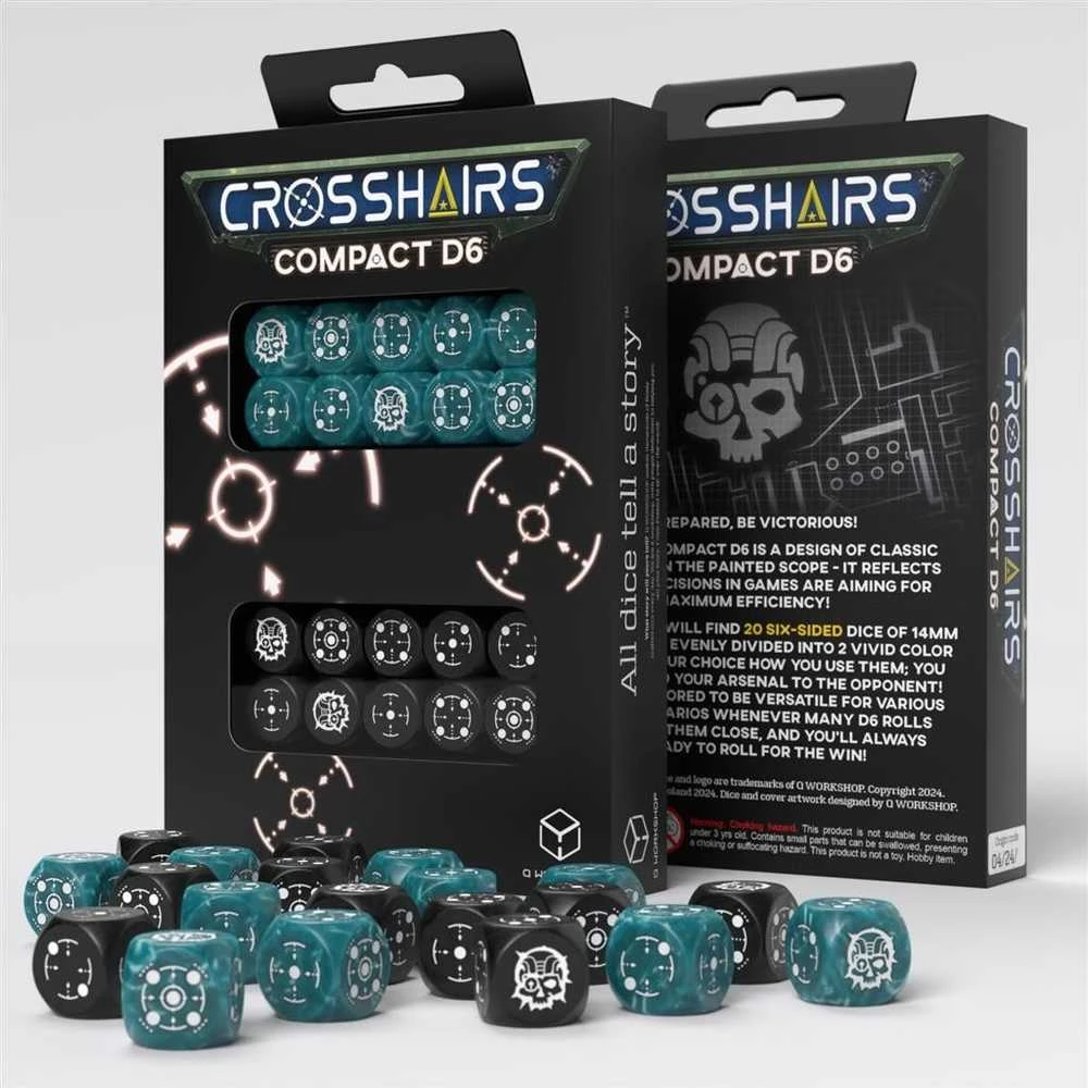 Q Workshop Crosshairs Compact D6 RPG Kauliukų Rinkinys (Audros Mėlyna Ir Juoda Sp.)