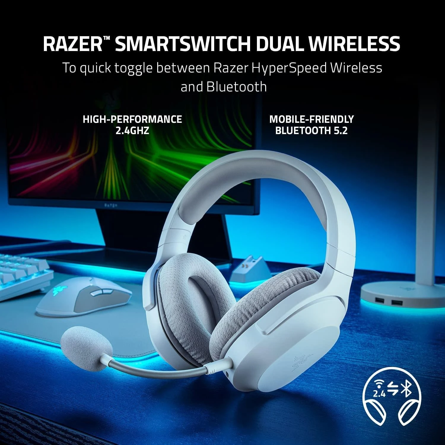 Belaidės žaidimų ausinės Razer Barracuda X Mercury, baltos spalvos