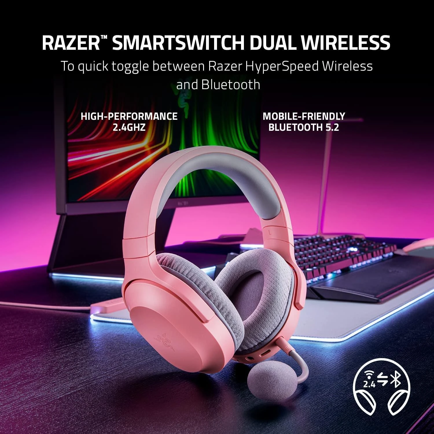 Razer Barracuda X Quartz (2022) Ausinės Žaidimams, Rožinės spalvos , Belaidės/su laidu, Ant ausų uždedamos