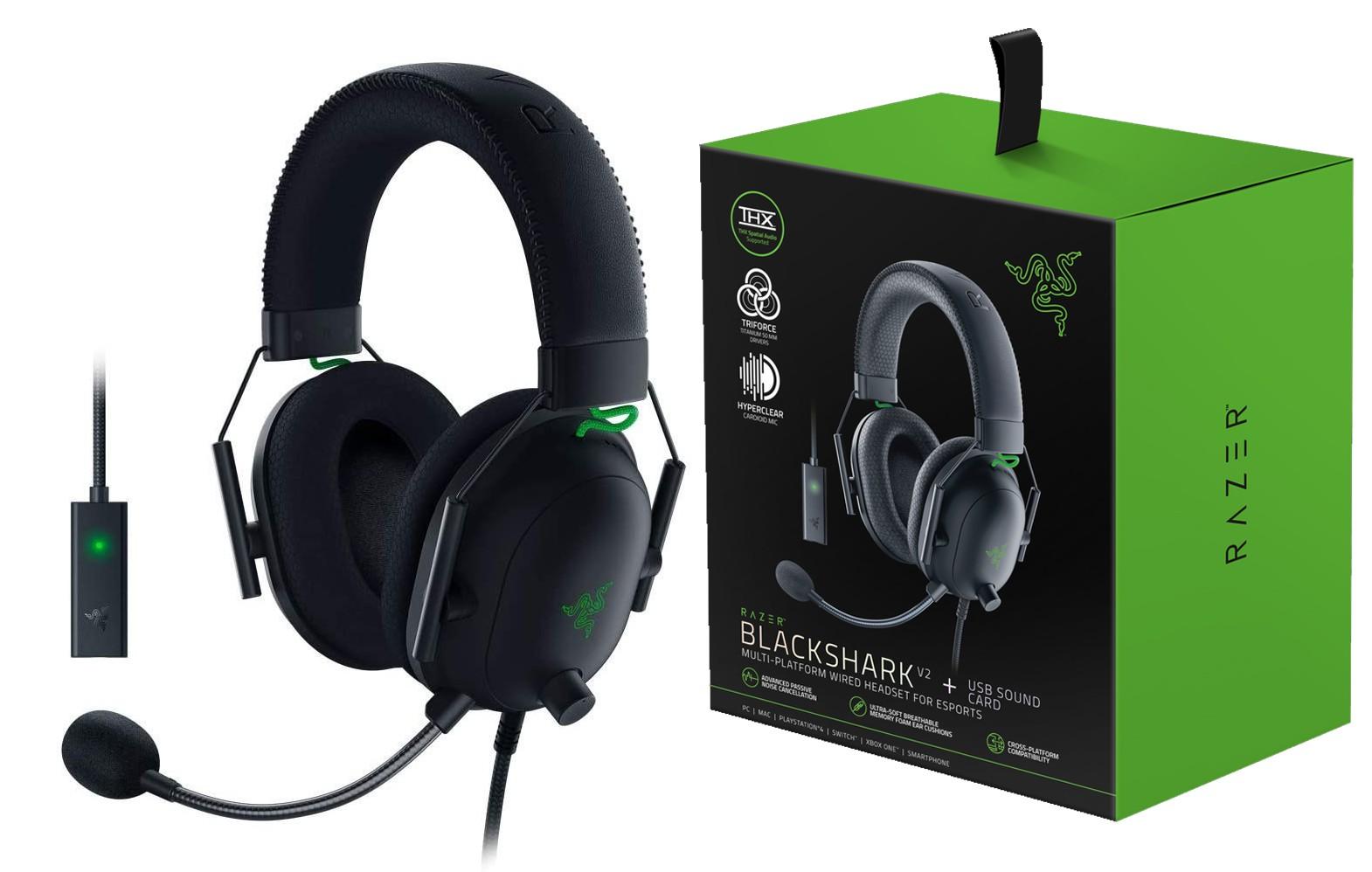 Esports THX Spatial Audio Žaidimų Ausinės Razer BlackShark V2 + USB garso plokštė, Juodos