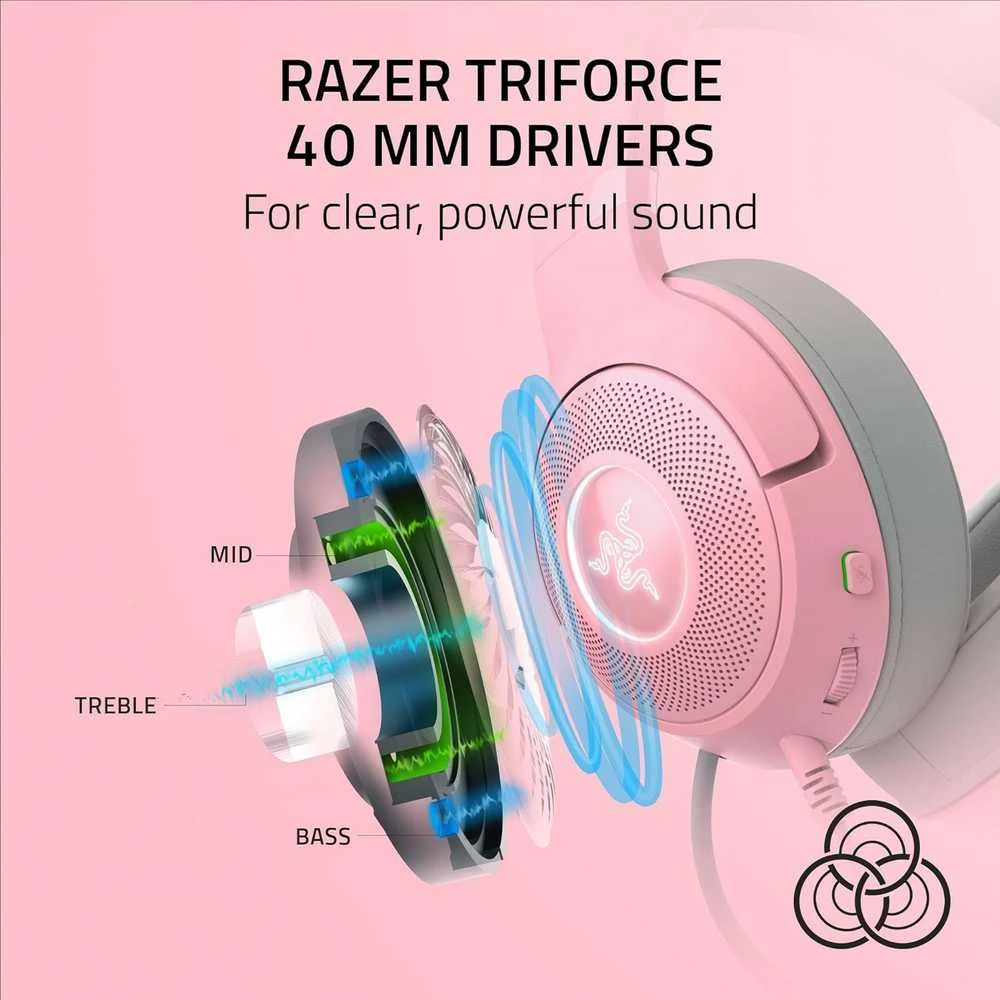 Razer Kraken Kitty V2 žaidimų ausinės, su laidu, mikrofonu, Rožinės spalvos