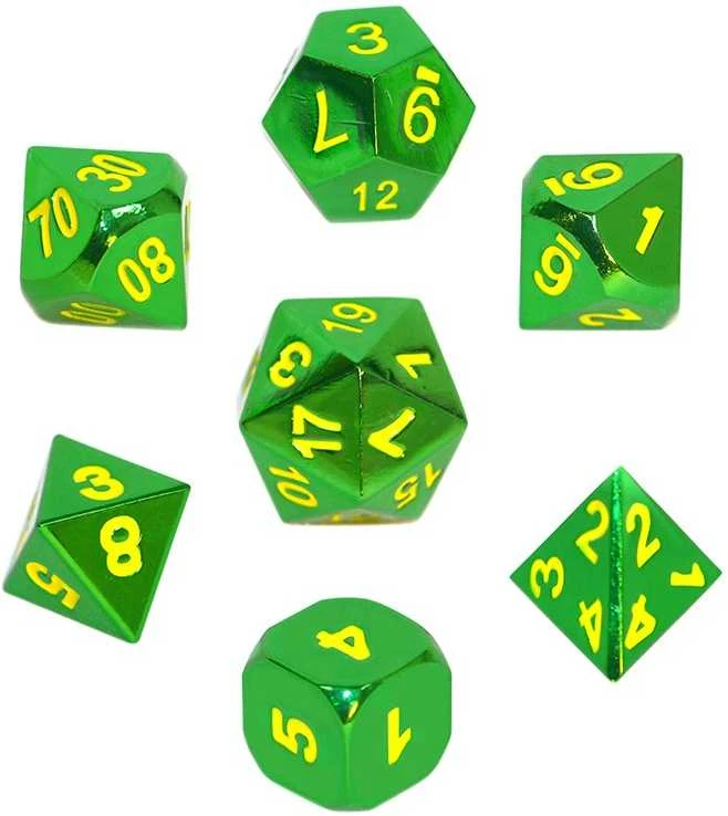 REBEL RPG Dice Set - Metal - Žalias with Geltona Numbers