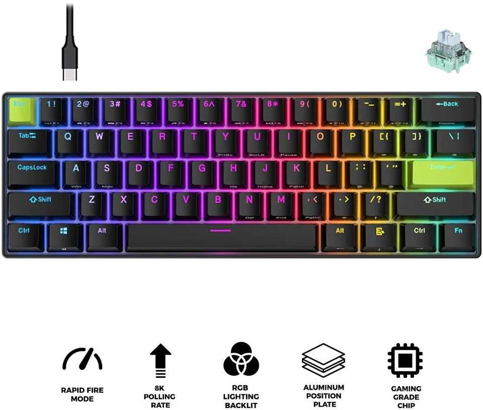 Royal Kludge RK C61 HE - US išdėstymas - Mint Magnetic Switches - Juodas Žalias (Juoda) Magnetinė Žaidimų Klaviatūra
