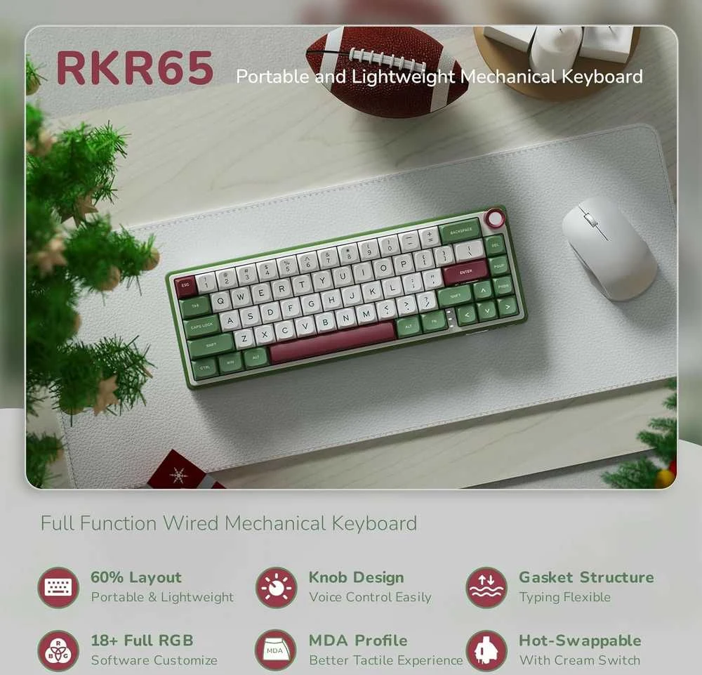 Royal Kludge R65 RGB Žalias sand laidinė mechaninė klaviatūra | 60%, Chartreuse switches, US