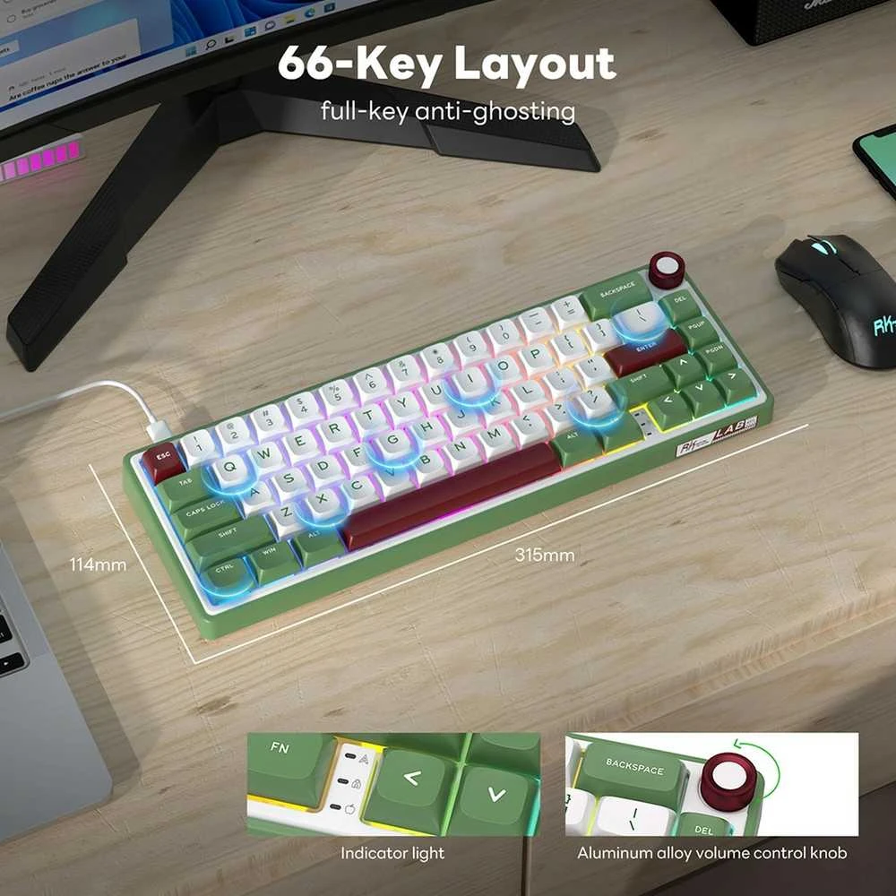 Royal Kludge R65 RGB Žalias sand laidinė mechaninė klaviatūra | 60%, Brown switches, US