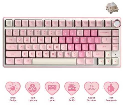 Royal Kludge R75 RGB Rožinė Melody laidinė klaviatūra | 75%, Hot-swap, Kremas switches, US