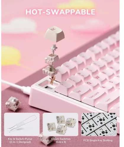 Royal Kludge R75 RGB Rožinė Melody laidinė klaviatūra | 75%, Hot-swap, Kremas switches, US