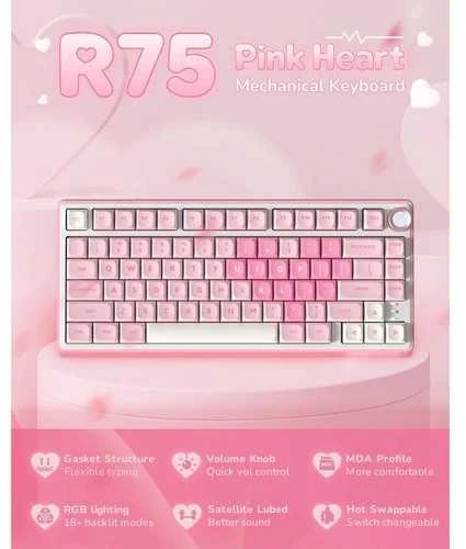 Royal Kludge R75 RGB Rožinė Melody laidinė klaviatūra | 75%, Hot-swap, Kremas switches, US
