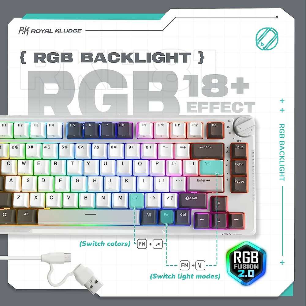 Royal Kludge RH81 balta belaidė mechaninė klaviatūra | 75%, Hot-swap, RGB, Brown Switches, US