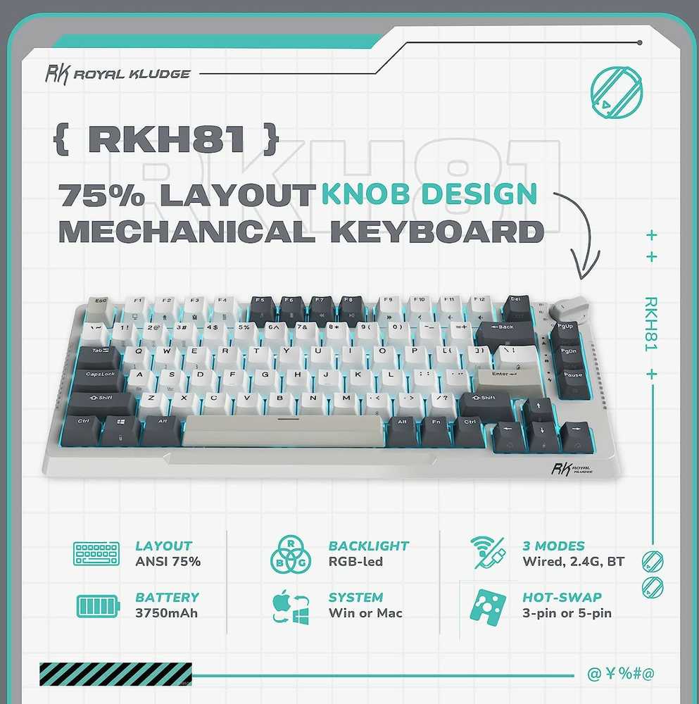 Royal Kludge RH81 balta belaidė mechaninė klaviatūra | 75%, Hot-swap, RGB, Brown Switches, US