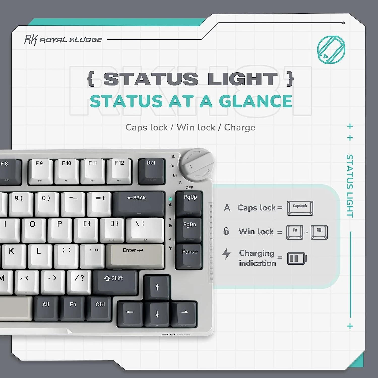 Royal Kludge RH81 balta belaidė mechaninė klaviatūra | 75%, Hot-swap, RGB, Sky Cyan Switches, US