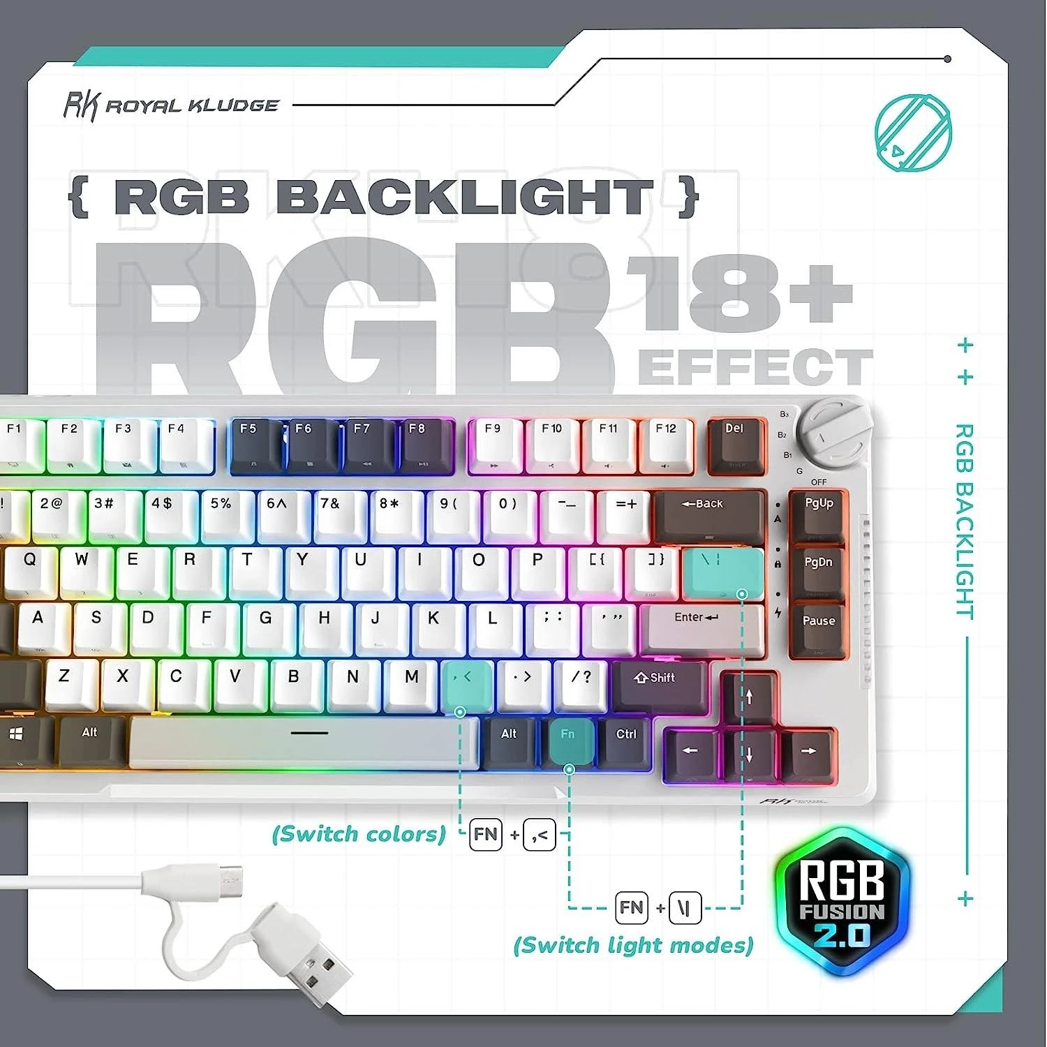 Royal Kludge RH81 balta belaidė mechaninė klaviatūra | 75%, Hot-swap, RGB, Sky Cyan Switches, US