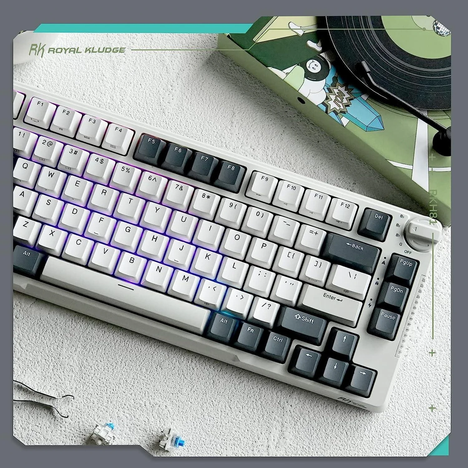 Royal Kludge RH81 balta belaidė mechaninė klaviatūra | 75%, Hot-swap, RGB, Sky Cyan Switches, US