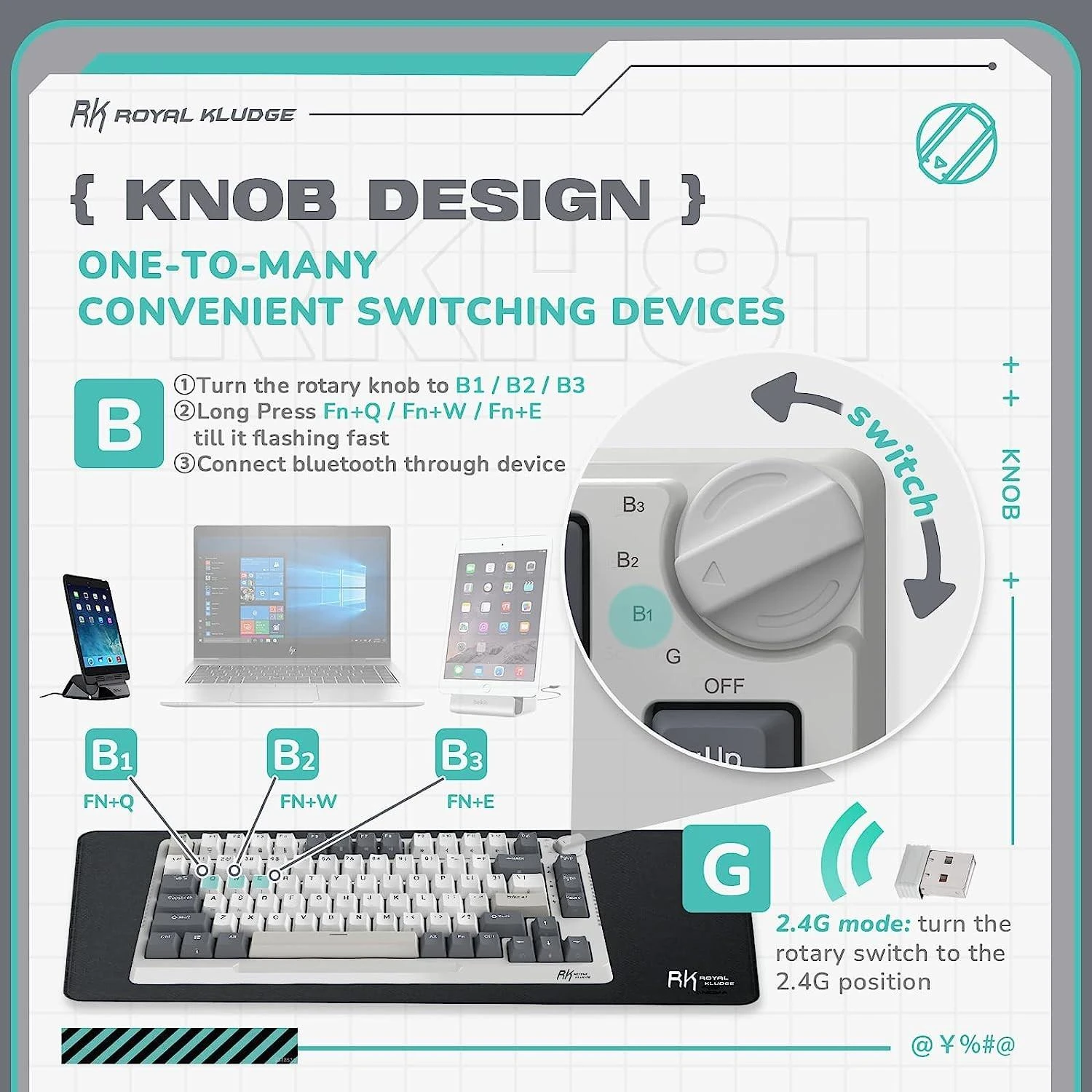 Royal Kludge RH81 balta belaidė mechaninė klaviatūra | 75%, Hot-swap, RGB, Sky Cyan Switches, US