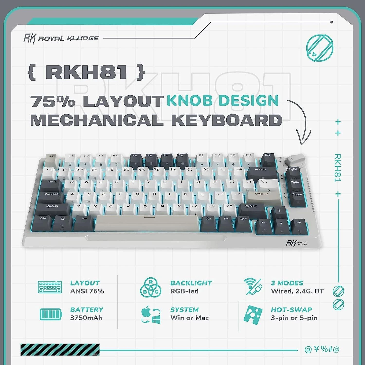 Royal Kludge RH81 balta belaidė mechaninė klaviatūra | 75%, Hot-swap, RGB, Sky Cyan Switches, US