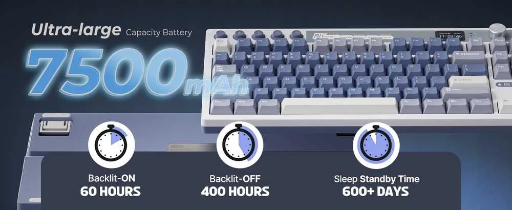 Royal Kludge RK M87 Ocean Mėlyna belaidė klaviatūra | TKL, Hot-swap, rusvai gelsvas switches, US
