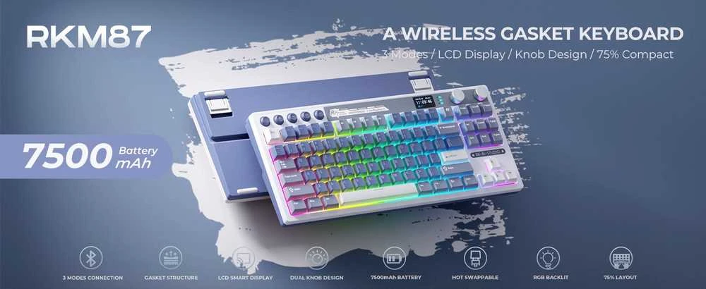 Royal Kludge RK M87 Ocean Mėlyna belaidė klaviatūra | TKL, Hot-swap, rusvai gelsvas switches, US
