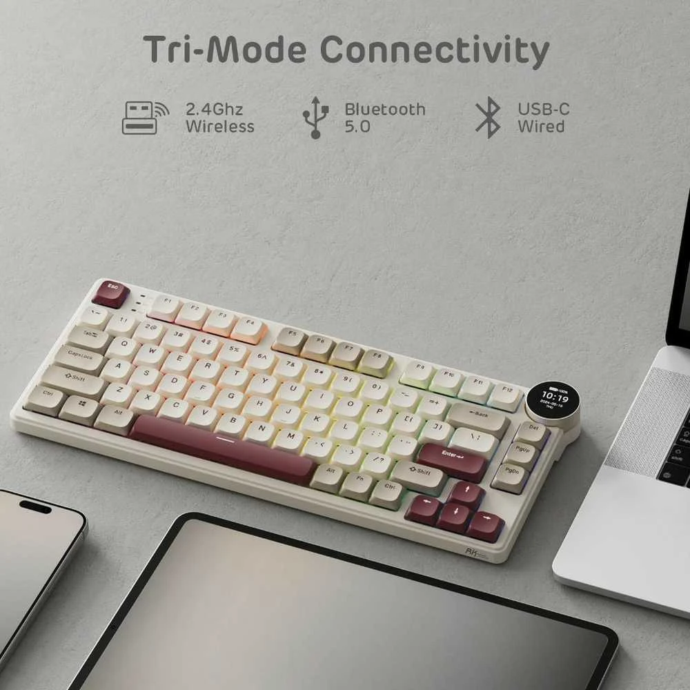 „Royal Kludge RK N80 RGB Pearly Dawn“ klaviatūra |75%, karšto keitimo, rudi jungikliai, JAV