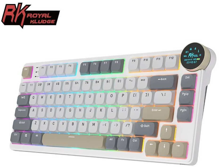 „Royal Kludge RK N80 RGB Pearly Dawn“ klaviatūra |75%, karšto keitimo, rudi jungikliai, JAV