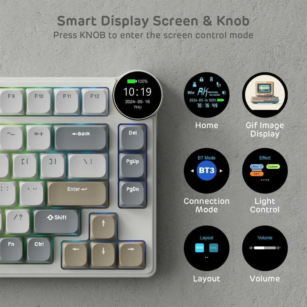 „Royal Kludge RK N80 RGB Pearly Dawn“ klaviatūra |75%, karšto keitimo, rudi jungikliai, JAV