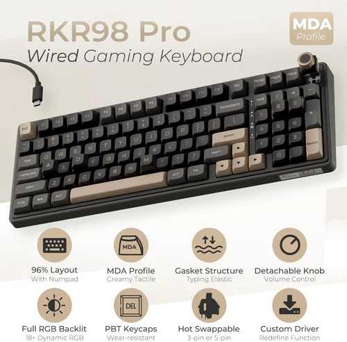Royal Kludge RK-R98 RGB Phantom laidinė klaviatūra | 96%, Hot-swap, Kreminis switches, US