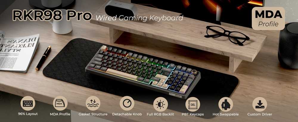 Royal Kludge RK-R98 RGB Phantom laidinė klaviatūra | 96%, Hot-swap, Kreminis switches, US