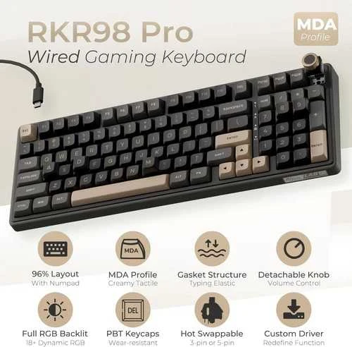 Royal Kludge RK-R98 RGB Phantom laidinė klaviatūra | 96%, Hot-swap, rusvai gelsvas switches, US