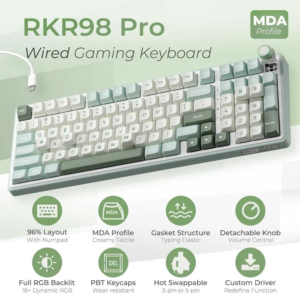 Royal Kludge RK-R98 RGB Sky Cyan laidinė klaviatūra | 96%, Hot-swap, rusvai gelsvas switches, US