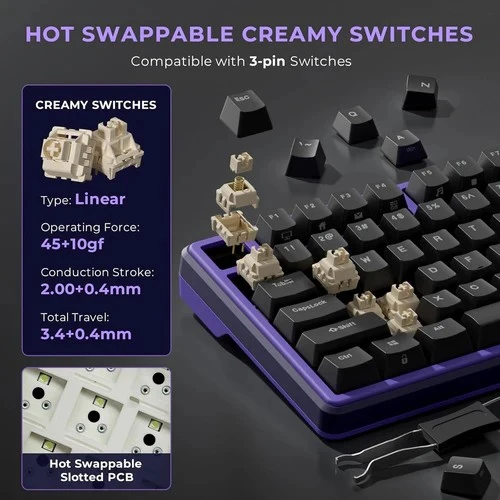 Royal Kludge RK X87 Blackberry Mousse laidinė klaviatūra| 87%, Hot-swap, Kreminis switches