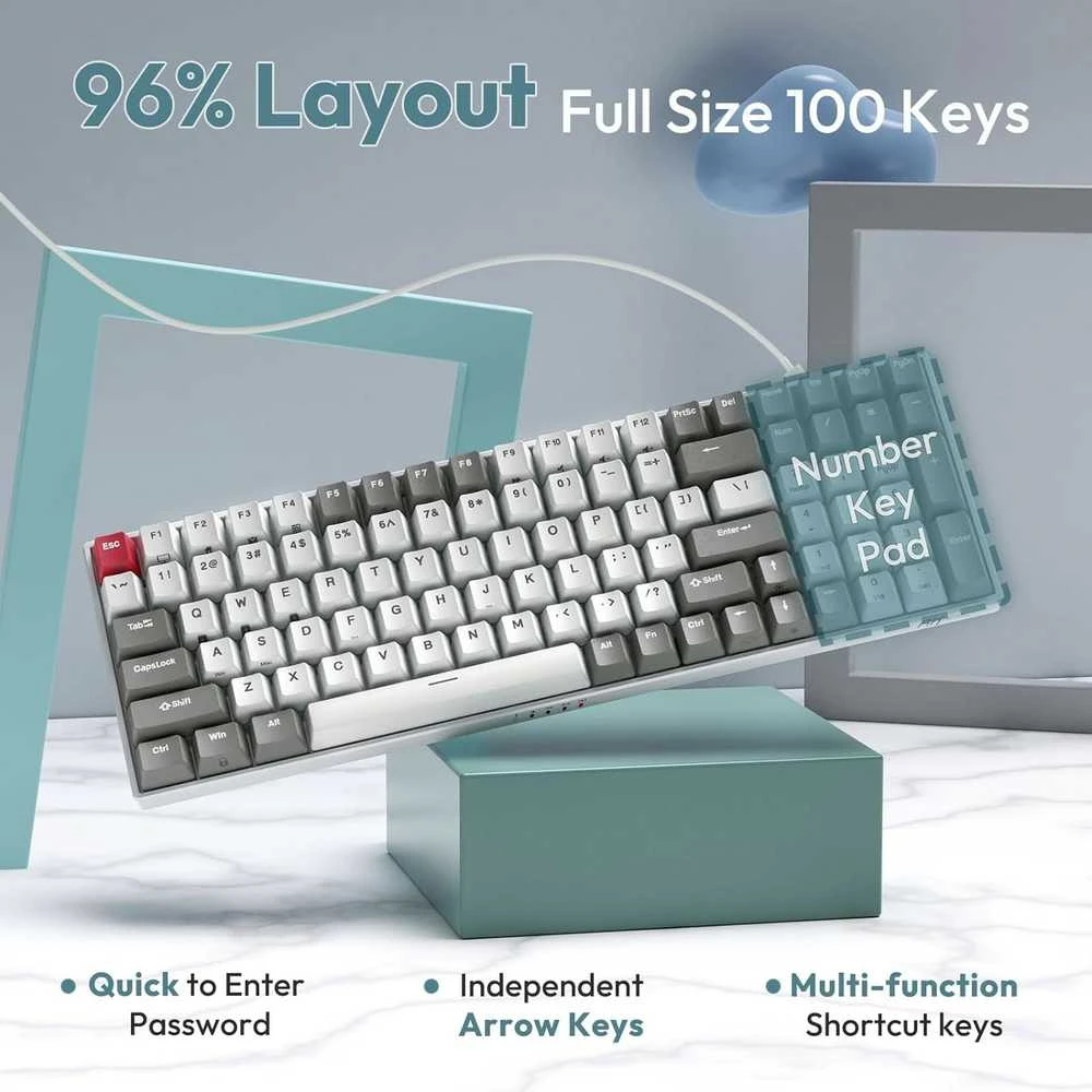 Royal Kludge RK100 Tri-mode belaidė klaviatūra | 96%, Hot-swap, Brown Switches, US, balta