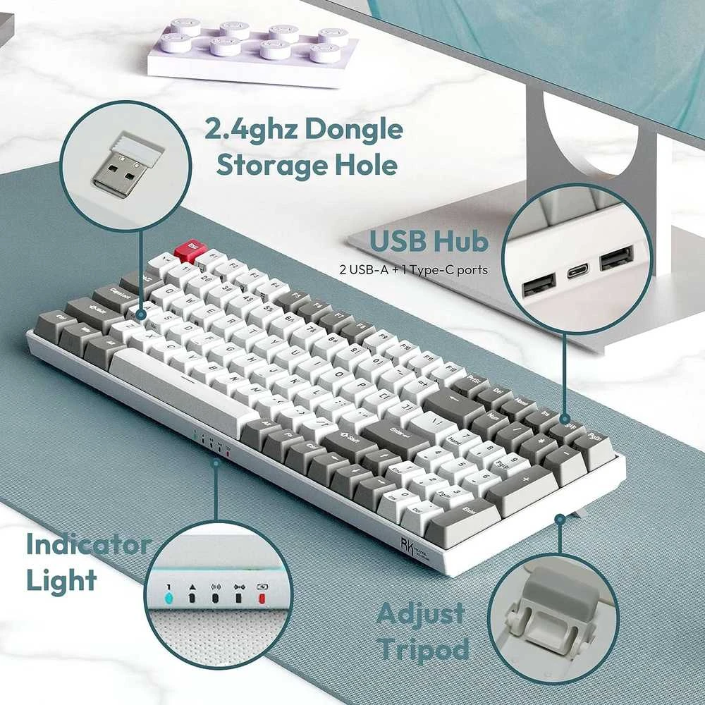 Royal Kludge RK100 Tri-mode belaidė klaviatūra | 96%, Hot-swap, Brown Switches, US, balta