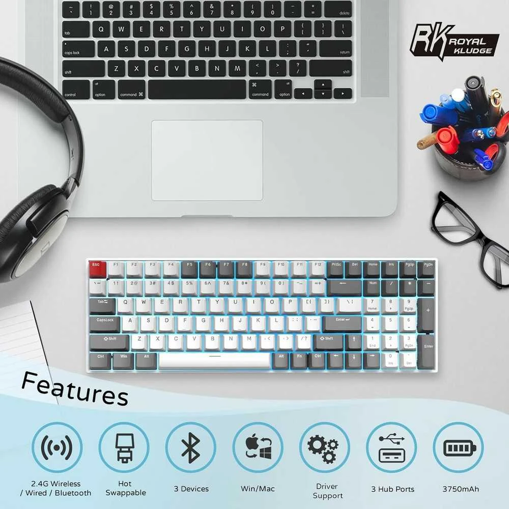 Royal Kludge RK100 Tri-mode belaidė klaviatūra | 96%, Hot-swap, Brown Switches, US, balta