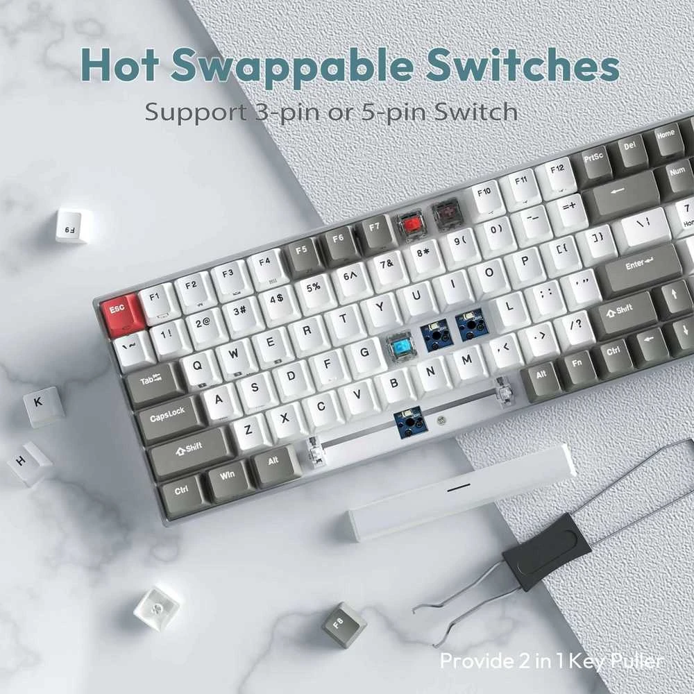 Royal Kludge RK100 Tri-mode belaidė klaviatūra | 96%, Hot-swap, Brown Switches, US, balta