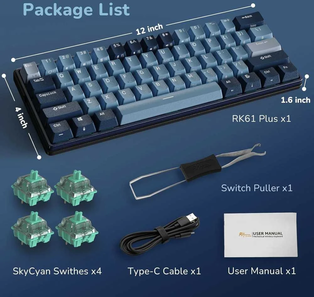 Royal Kludge RK61 Plus RGB Indigo belaidė klaviatūra | 60%, Hot-swap, SkyCyan switches, US