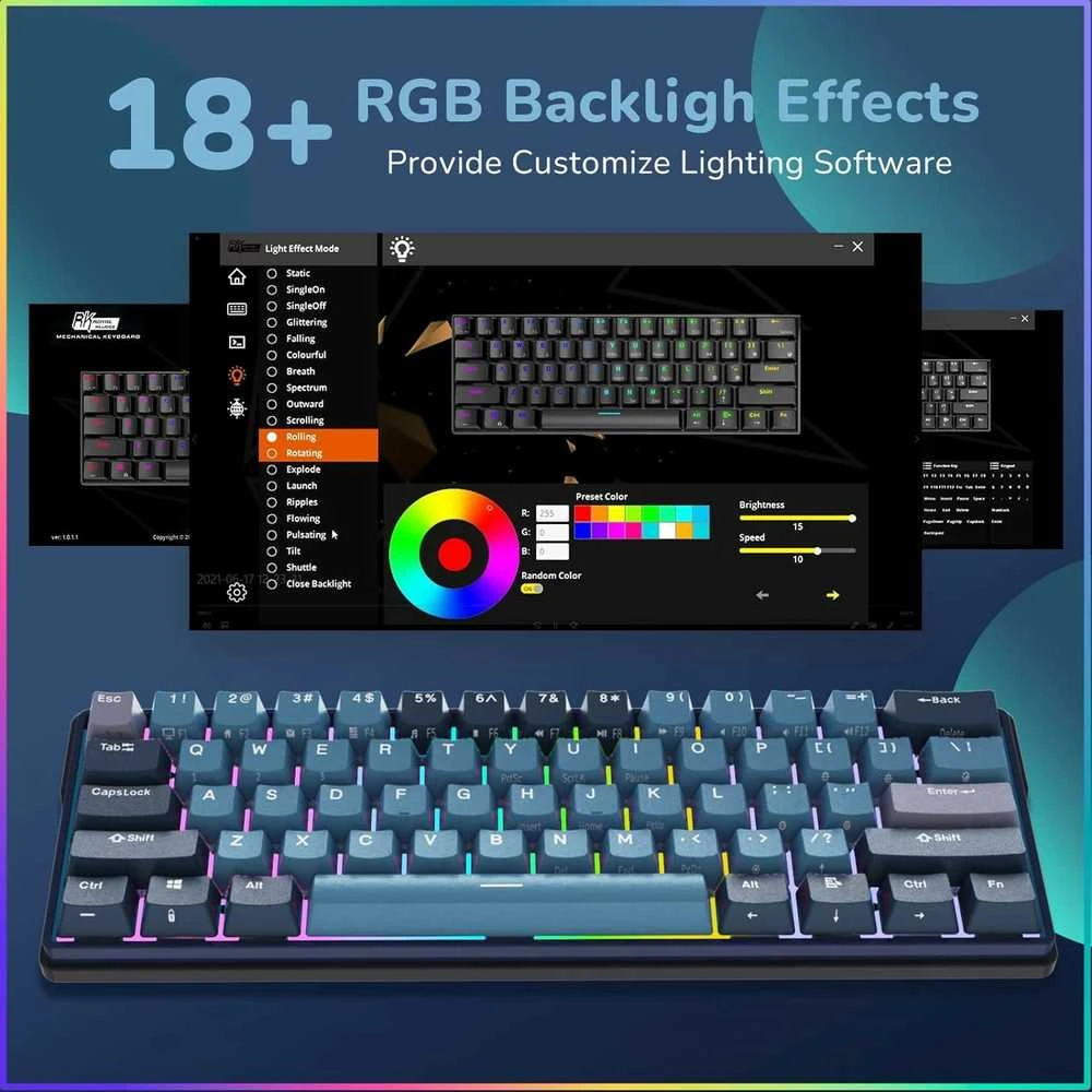 Royal Kludge RK61 Plus RGB Indigo belaidė klaviatūra | 60%, Hot-swap, Brown switches, US