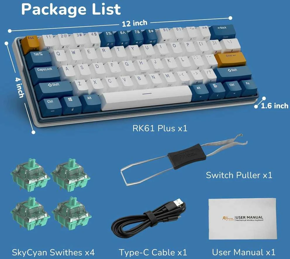 Royal Kludge RK61 Plus RGB Klein Mėlyna belaidė klaviatūra | 60%, Hot-swap, SkyCyan switches, US