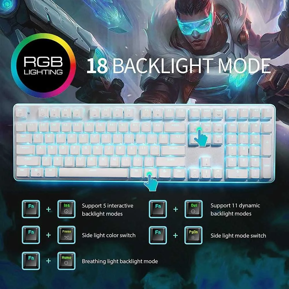 Royal Kludge RK918 RGB balta laidinė mechaninė klaviatūra | 100%, Raudona switches, US