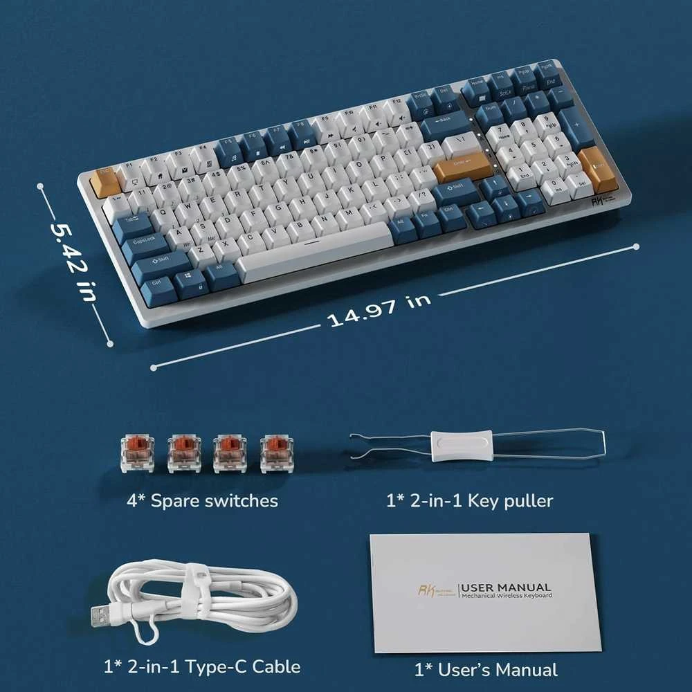 Royal Kludge RK98 RGB Klein Mėlyna belaidė klaviatūra | 98%, Hot-swap, Mėlyna switches, US