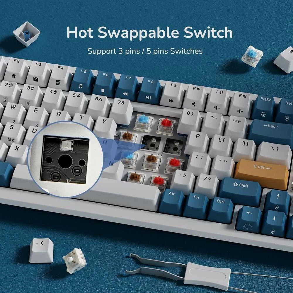 Royal Kludge RK98 RGB Klein Mėlyna belaidė klaviatūra | 98%, Hot-swap, Mėlyna switches, US