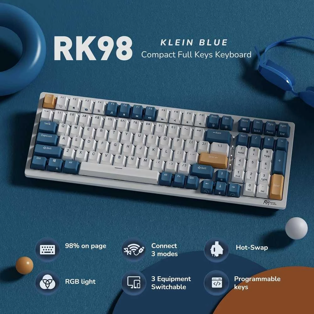 Royal Kludge RK98 RGB Klein Mėlyna belaidė klaviatūra | 98%, Hot-swap, Mėlyna switches, US