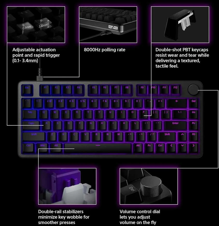 Klaviatūra žaidimams Sony INZONE KBD-H75 TKL US su laidu magnetyczna su pašvietimu juoda
