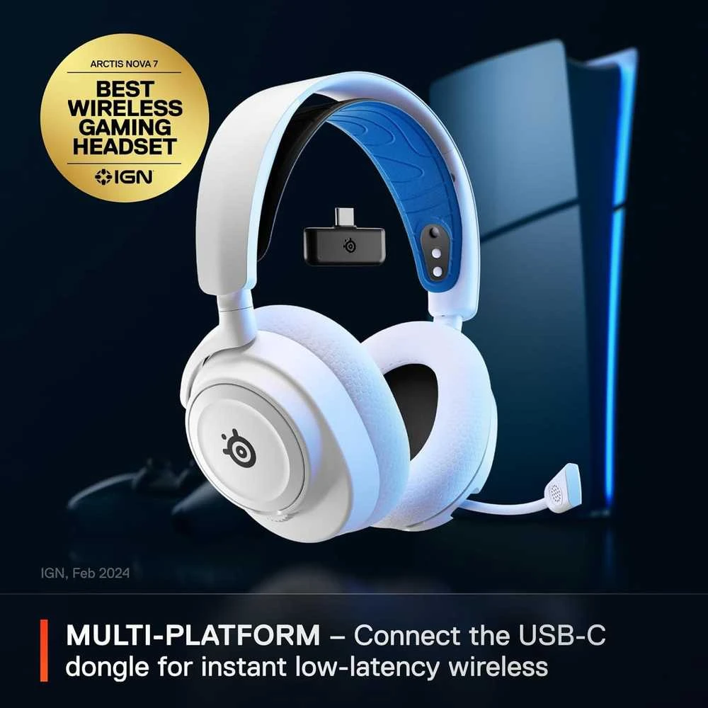Belaidės ausinės su mikrofonu SteelSeries Arctis Nova 7P Over-Ear, Baltos/Mėlynos spalvos