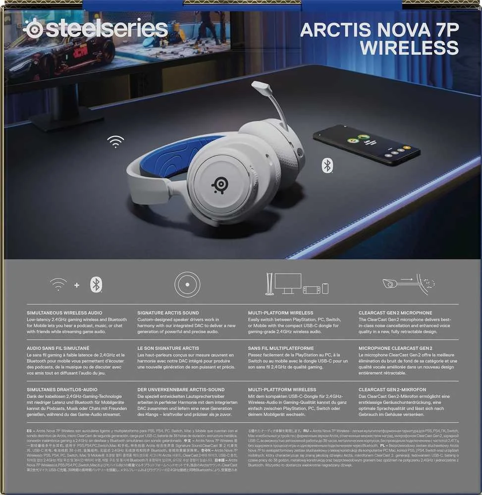 Belaidės ausinės su mikrofonu SteelSeries Arctis Nova 7P Over-Ear, Baltos/Mėlynos spalvos