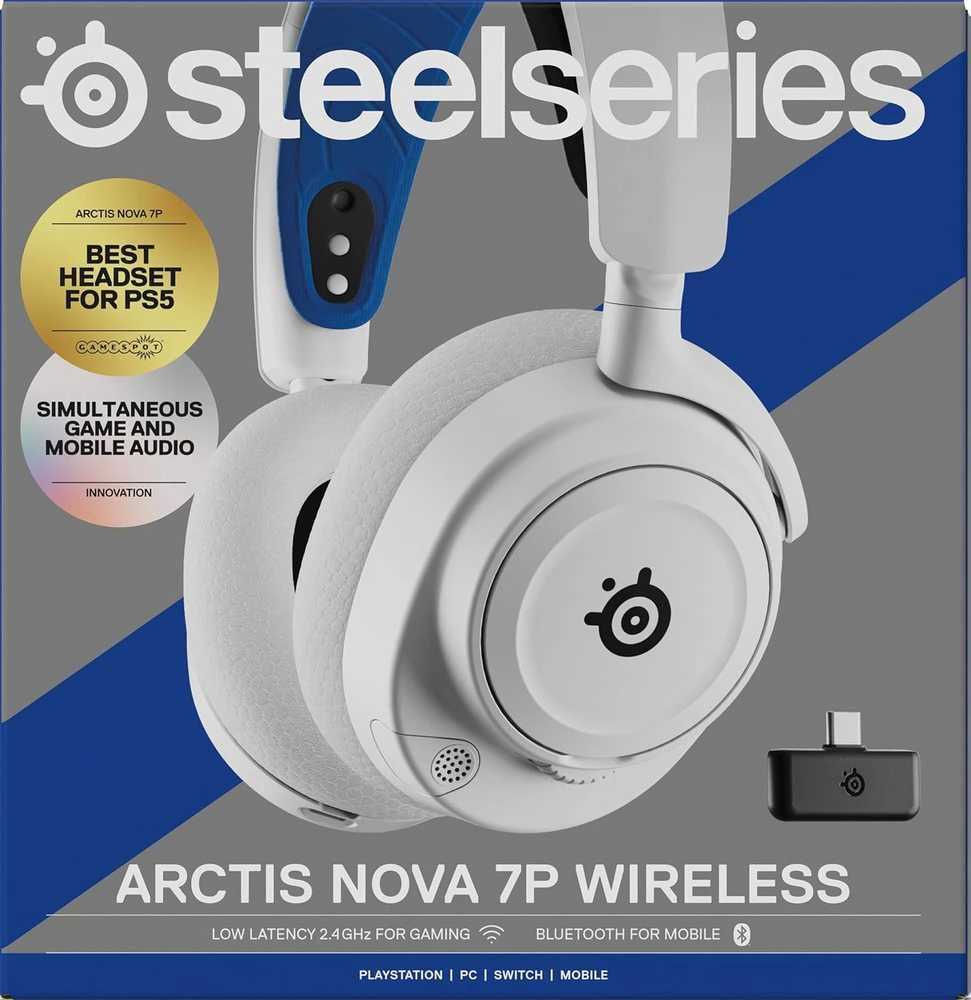 Belaidės ausinės su mikrofonu SteelSeries Arctis Nova 7P Over-Ear, Baltos/Mėlynos spalvos