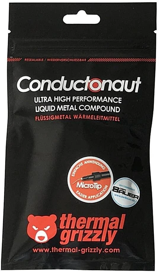 Thermal Grizzly | Terminis tepalas "Conductonaut" 1g | universalus | Šilumos laidumas: 73 W/mk; Klampumas: 0,0021 Pas; Tankis: 6,24g/cm3; Temperatūra: 10 °C / +140 °C; Sudėtis: 1 g