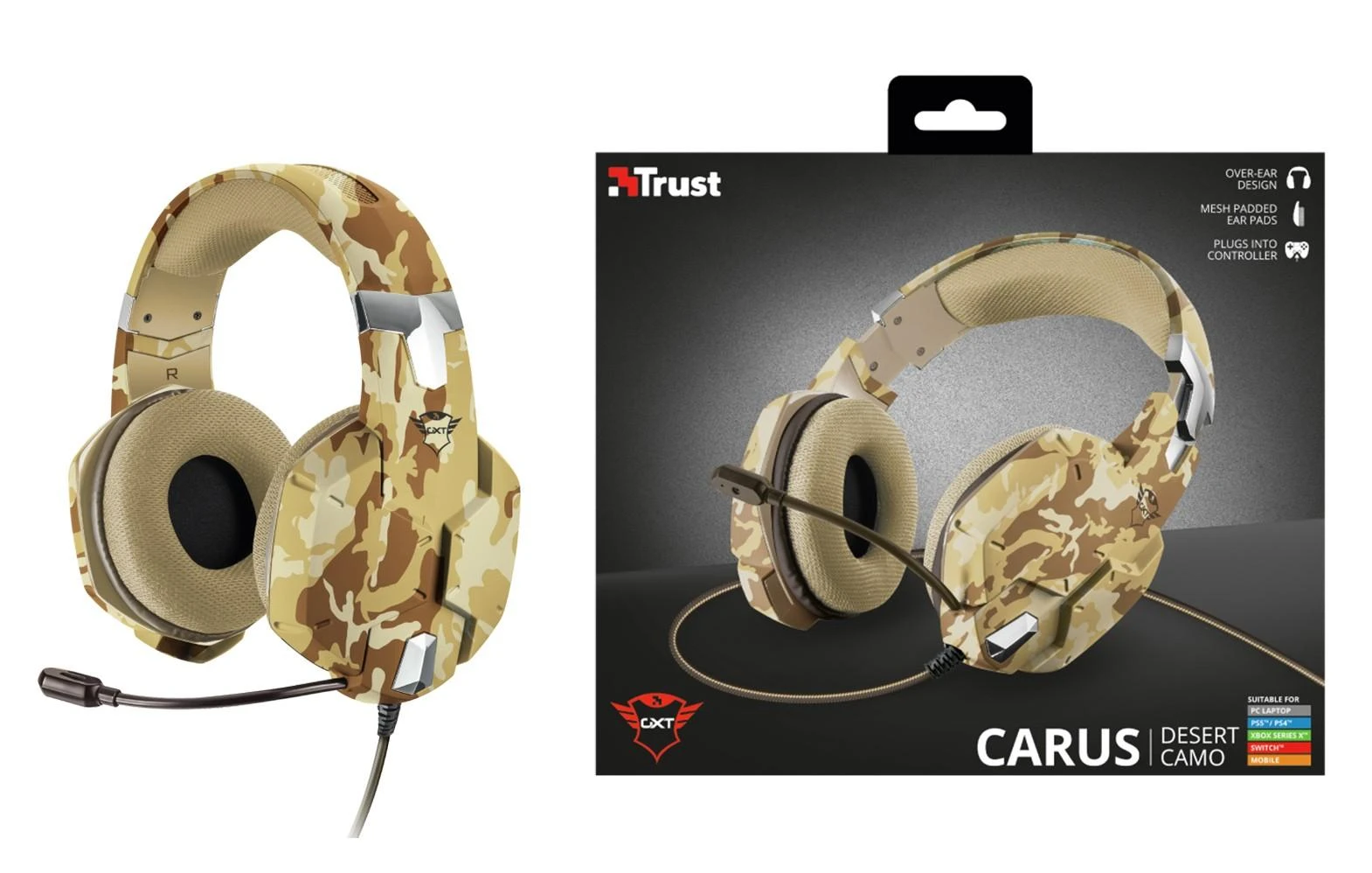 Žaidimų ausinės Trust GXT 322D Carus Desert Camo, Gelsvos, 22125