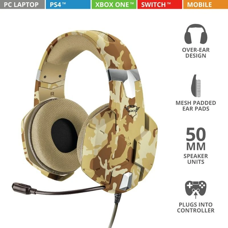 Žaidimų ausinės Trust GXT 322D Carus Desert Camo, Gelsvos, 22125